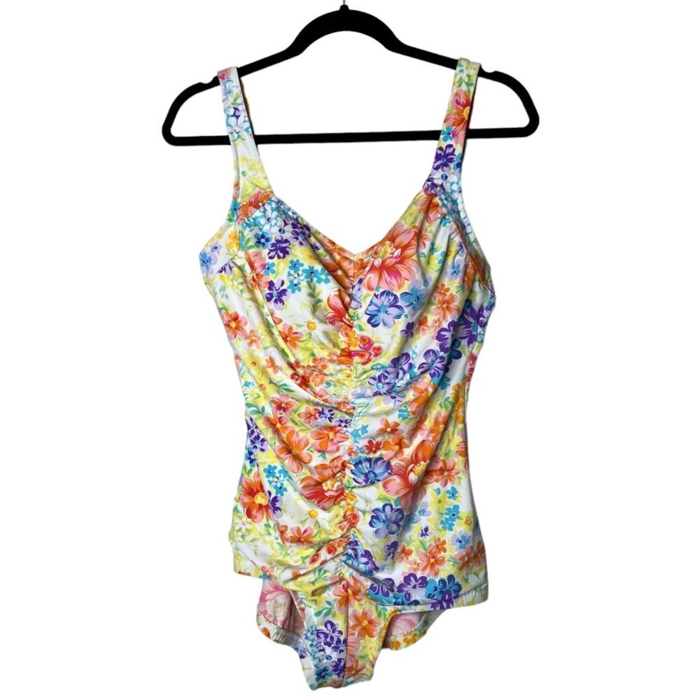 Maxine of Hollywood One Piece Vintage Light Floral Shirred Front Bathing Suit M